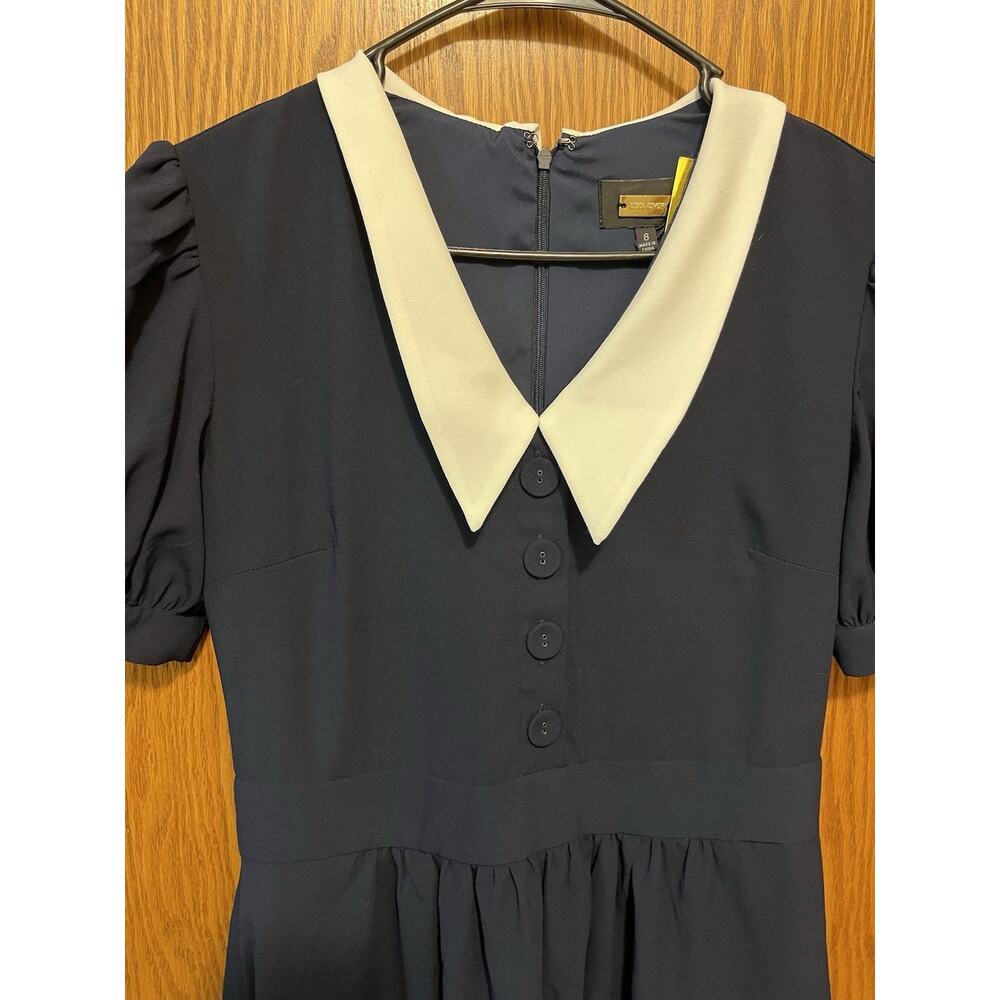 Alexia Admor NWT Navy Blue Contrast Collar Puff Sleeve Midi Dress Size 8 Vintage - Picture 3 of 15